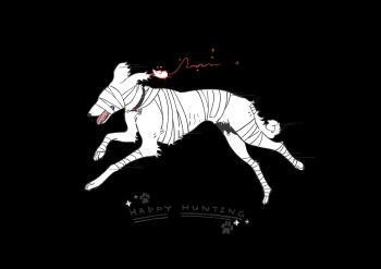 621_(armored_core_vi) animal animalization armored_core armored_core_vi:_fires_of_rubicon ayre_(armored_core_vi) bandages bandages_over_eyes black_background dog english_text highres la_bo_chu_shi mouse_(animal) no_humans open_mouth simple_background