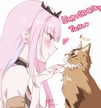 1girl armlet artist_name bare_shoulders black_nails blush brown_hat closed_mouth commentary crown english_commentary fingernails floating_crown happy_birthday hat heart highres hololive hololive_english jewelry kamiya_maneki long_hair looking_at_another mori_calliope mori_calliope_(1st_costume) nose pink_eyes pink_hair signature simple_background smile tiara tutu_(mori_calliope) twitter_username virtual_youtuber white_background