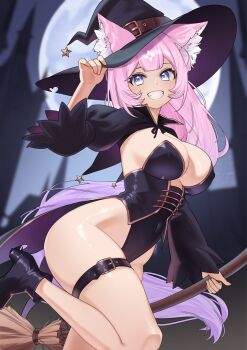 1girl animal_ear_fluff animal_ears belt belt_buckle black_belt black_leotard black_shoes black_shrug blue_eyes blurry blurry_background braid breasts broom brown_belt buckle character_request coattails collarbone commentary commission copyright_request covered_navel curvy english_commentary grin halloween halloween_costume hand_on_headwear hat hat_belt hat_tip high_heels highleg highleg_leotard highres holding holding_broom large_breasts leg_up leotard long_hair long_sleeves looking_at_viewer pink_hair rainenleaf shoes shrug_(clothing) smile solo star_(symbol) strapless strapless_leotard teeth thick_thighs thigh_belt thigh_strap thighs wide_hips witch witch_hat ych_commission