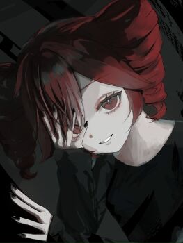 Rule 34 | 1girl, black nails, black shirt, black sleeves, commentary request, covering own eyes, drill hair, dutch angle, hair between eyes, hand on own face, highres, kasane teto, long sleeves, looking at viewer, one eye covered, open mouth, red eyes, red hair, ruki art, shirt, short hair, sleeves past wrists, smile, solo, teeth, twin drills, utau
