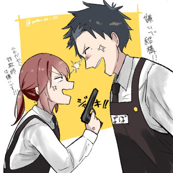 1boy 1girl aiming anger_vein angry apron black_apron black_hair brown_hair closed_eyes collared_shirt commentary_request doug_(youchien_wars) gun handgun height highres holding holding_gun holding_weapon lightning_glare necktie non_ni_1111 ponytail rita_(youchien_wars) shirt simple_background twitter_username two-tone_background weapon white_shirt youchien_wars