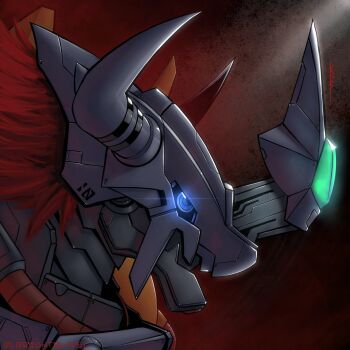 Rule 34 | armor, blue eyes, digimon, digimon (creature), glowing, glowing eyes, highres, horns, solo, wargreymon, wargreymon x-antibody