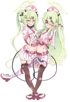 2girls absurdres alternate_costume bandages blue_archive demon_tail eyepatch green_hair halo hat highres hikari_(blue_archive) horns kanikama_acedia long_hair multiple_girls nozomi_(blue_archive) nurse nurse_cap pointy_ears simple_background skirt syringe tail thighhighs torn_clothes torn_thighhighs twintails white_background