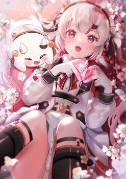 1girl :3 absurdres belt beret bow cherry_blossoms dot_nose fang flower gloves hair_between_horns hair_ornament hat heart heart_hands highres hololive light_blush long_hair long_sleeves looking_at_viewer lying nakiri_ayame nakiri_ayame_(9th_costume) official_alternate_costume official_alternate_hairstyle on_back oni open_mouth poyoyo_(nakiri_ayame) puffy_sleeves red_bow red_eyes red_hair virtual_youtuber white_gloves white_hair winexc