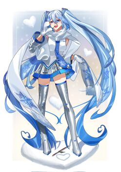 1girl absurdly_long_hair ahoge aqua_eyes aqua_hair arm_behind_back blue_necktie blue_trim blush boots breasts commentary_request detached_sleeves full_body gradient_hair grey_skirt hair_between_eyes hair_ornament hatsune_miku headset heart highres long_hair long_sleeves medium_breasts mittens multicolored_hair n-bata necktie open_mouth pleated_skirt scarf shirt skirt sleeveless sleeveless_shirt snowflake_print snowflakes solo stick thigh_boots thighhighs tie_clip twintails very_long_hair vocaloid white_background white_mittens white_scarf wide_sleeves yuki_miku yuki_miku_(2011) zettai_ryouiki