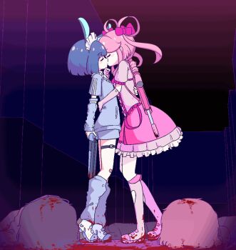 2girls animal_ears arm_around_back bandage_on_knee black_hair blood blood_on_clothes blue_arm_warmers blue_hair blue_socks blue_trim blunt_bangs blunt_ends blush bob_cut boots bow breasts brown_hair chibikki closed_eyes commentary corpse cute_weapon death dress elbow_gloves english_commentary frilled_hairband frills full_body gloves gun hair_bow hair_over_shoulder hairband height_difference holding holding_gun holding_weapon hug kiss knee_boots kneehighs long_hair loose_socks magical_girl maid_headdress multiple_girls murder nanako_(chibikki) original petticoat pink_boots pink_bow pink_dress pink_hair pixel_art pool_of_blood puffy_short_sleeves puffy_sleeves rabbit_ears rabbit_girl saki_(chibikki) short_hair short_sleeves shotgun sidelocks sleeves_past_wrists small_breasts socks thigh_strap twintails weapon weapon_on_back white_footwear white_hairband white_trim yuri