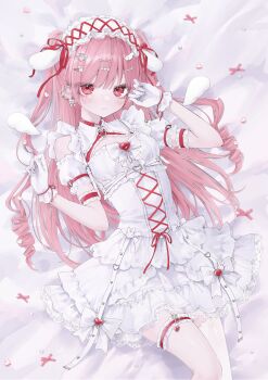 1girl absurdres amatsuka_eru animal_ear_hairband animal_ears armlet artist_request bow breasts brooch buckle choker corset cross-laced_hairband detached_sleeves dress ear_piercing earrings expressionless fake_animal_ears frilled_hairband frilled_thigh_strap frills gloves hair_ornament hairband hairclip heart heart-shaped_buckle heart_brooch heart_choker highres indie_virtual_youtuber jewelry long_hair looking_at_viewer pale_skin piercing pink_hair rabbit_ear_hairband rabbit_ears red_eyes second-party_source single_thighhigh small_breasts solo thigh_strap thighhighs virtual_youtuber white_bow white_corset white_dress white_gloves white_hairband wing_hair_ornament
