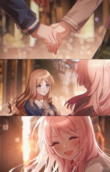 2girls bang_dream! bang_dream!_it&#039;s_mygo!!!!! blue_shirt blurry blurry_background blush brown_hair chihaya_anon closed_eyes commentary english_commentary grey_jacket grey_neckerchief haneoka_school_uniform highres holding_hands jacket light_particles long_hair long_sleeves multiple_girls nagasaki_soyo neckerchief open_mouth pink_hair school_uniform shirt sidelocks soha_blan tsukinomori_school_uniform yuri