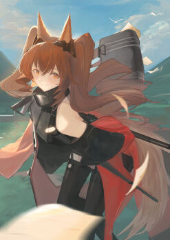 1girl absurdres angelina_(arknights) animal_ear_fluff animal_ears arknights arknights:_endfield arm_behind_back bare_shoulders belt black_bag black_dress black_gloves blue_sky bracelet breasts brown_hair casterluex chinese_commentary coat commentary_request day dot_nose dress floating_paper fox_ears fox_girl fox_tail gilberta_(arknights) gloves hair_between_eyes headpiece high_belt high_collar highres impossible_clothes impossible_dress infection_monitor_(arknights) jewelry leaning_forward long_hair long_sleeves looking_at_viewer medium_breasts mundane_utility open_clothes open_coat orange_eyes outdoors red_coat short_dress sky sleeveless sleeveless_dress smile solo tail thighhighs twintails very_long_hair zettai_ryouiki