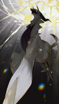 absurdres arceus from_below gen_4_pokemon gradient_background green_eyes halo highres legendary_pokemon lens_flare mythical_pokemon nintendo no_humans pokemon pokemon_(creature) pokemon_focus solid_eyes solo wulie_errr yellow_halo