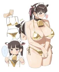 Rule 34 | 1girl, animal ears, bell, bikini, breasts, brown hair, collar, cow ears, cow horns, cowbell, fake animal ears, gold bikini, highres, horns, huge breasts, long hair, micro bikini, mole, mole on breast, navel, neck bell, original, pink eyes, plump, riki (riki unc), simple background, swimsuit, twintails, white background