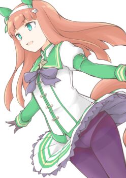 Rule 34 | 1girl, :d, akara kai, animal ears, black pantyhose, blunt bangs, commentary, ear covers, green eyes, highres, horse ears, horse girl, long hair, long sleeves, open mouth, orange hair, outstretched arms, panties, pantyhose, puffy long sleeves, puffy sleeves, silence suzuka (innocent silence) (umamusume), silence suzuka (umamusume), simple background, smile, solo, umamusume, underwear, upper body, white background