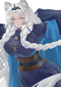 1girl absurdres animal_ear_fluff animal_ears arknights blue_coat blue_dress blue_eyes braid breasts coat corset cowboy_shot dress earrings grey_hair highres implied_extra_ears jewelry lanshan large_breasts leopard_ears long_hair looking_at_viewer necklace open_clothes open_coat parted_lips pramanix_(arknights) pramanix_the_prerita_(arknights) simple_background solo tiara twin_braids very_long_hair white_background