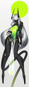 1girl android bodysuit breasts echanis_enicha grey_background grey_hair hair_over_eyes horns joints long_hair machine mechanical_arms no_feet original pigeon-toed robot_girl robot_joints small_breasts solo tail