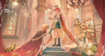 5girls bang_dream! bang_dream!_it's_mygo!!!!! black_footwear black_hair black_socks blue_shirt blue_skirt breasts brown_dress brown_hair brown_shirt cang_(akaga204) cape capelet chandelier chihaya_anon chinese_commentary closed_eyes commentary_request crown dress green_skirt grey_eyes grey_hair grey_jacket grey_skirt hanasakigawa_school_uniform hand_on_own_hip hand_up haneoka_school_uniform highres indoors jacket kaname_raana kneehighs kneeling loafers long_hair long_sleeves medium_breasts mole mole_under_eye multiple_girls mygo!!!!!_(bang_dream!) nagasaki_soyo neck_ribbon on_ground own_hands_together palace pink_hair plaid_clothes plaid_skirt pleated_dress pleated_skirt purple_eyes red_cape red_capelet red_ribbon ribbon sailor_collar sailor_dress school_uniform serafuku shiina_taki shirt shoes short_hair sidelocks sitting skirt socks stained_glass standing takamatsu_tomori throne tsukinomori_school_uniform white_hair white_sailor_collar