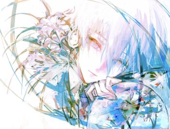 1boy bishounen blue_hair closed_mouth collared_shirt flower gou_tou21081 hair_between_eyes hashtag-only_commentary headphones highres leaf lily_(flower) male_focus persona persona_3 plant shirt simple_background solo white_background white_flower white_shirt yuuki_makoto_(persona_3)