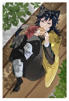 Rule 34 | 1boy, animal ears, black hair, black jacket, black pants, black socks, blue eyes, buttons, cat boy, cat ears, cat tail, closed mouth, demon slayer uniform, giyu ice, gold buttons, half-closed eyes, haori, high collar, highres, holding, jacket, japanese clothes, kimetsu no yaiba, long hair, low ponytail, lying, male focus, on back, pants, ponytail, red haori, socks, solo, spiked hair, tail, tomioka giyuu