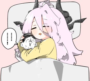 Rule 34 | 1girl, ahoge, blue archive, demon girl, demon horns, doodle sensei (blue archive), drooling, hina (blue archive), horns, karukan2552, long hair, lying, open mouth, pillow, sensei (blue archive), sleeping, solo, stuffed toy, very long hair, white hair