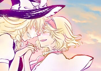 2girls alice_margatroid black_hat black_vest blonde_hair blush bow braid capelet closed_eyes cloud commentary_request facing_another frilled_hairband frills grin hairband hat hat_bow holding_hands interlocked_fingers kirisame_marisa lolita_hairband multiple_girls open_mouth pink_hairband puffy_short_sleeves puffy_sleeves short_sleeves side_braid single_braid smile touhou vest white_bow white_capelet witch_hat yuri yuzuha_(yuzutime)