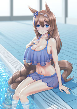 1girl absurdres animal_ears blue_bow blue_eyes blurry blurry_background blush bow braid braided_ponytail breasts brown_hair cleavage commentary_request ear_bow hair_between_eyes hand_on_own_chest highres horse_ears horse_girl horse_tail indoors large_breasts long_hair multicolored_hair navel partially_submerged poolside shadow shibakarisena sitting smile solo stomach streaked_hair super_creek_(umamusume) tail umamusume very_long_hair water white_hair