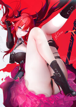 1girl arknights arknights:_endfield artist_name ass bare_legs black_boots black_dress black_gloves black_horns black_panties boots breasts commentary demon_girl demon_horns detached_collar dress elbow_gloves gloves high_heels horns laevatain_(arknights) large_breasts legs long_hair looking_at_viewer omone_hokoma_agm panties pointy_ears purple_eyes red_hair smile solo surtr_(arknights) thighs two-tone_background underwear