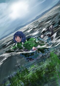1girl afloat blue_eyes blue_hair drill_hair frilled_kimono frills green_kimono highres japanese_clothes kimono lake medium_hair mermaid monster_girl mountainous_horizon overcast partially_underwater_shot reflection reflective_liquid seaweed sky solo swimming touhou ushitsuchi wakasagihime