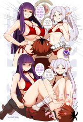 1boy 2girls :/ :3 =_= bare_legs barefoot belt bikini black_hair black_jacket black_pants blunt_bangs blush breasts choker closed_mouth commentary_request earrings elf english_text feet fern_(sousou_no_frieren) flask flying_sweatdrops foot_on_another&#039;s_face foot_worship frieren girl_on_top green_eyes grey_hair grin hand_on_own_chest hand_on_own_hip heart highres huge_breasts jacket jewelry knee_up legs long_hair medium_breasts multicolored_hair multiple_girls nail_polish pants parted_bangs patreon_username pointy_ears purple_eyes purple_hair purple_nails red_bikini red_choker red_hair red_jacket rezodwel roots_(hair) short_eyebrows side-tie_bikini_bottom sidelocks sitting sitting_on_person smile sousou_no_frieren speech_bubble stark_(sousou_no_frieren) string_bikini sweatdrop swimsuit teardrop_earrings thick_eyebrows toenail_polish toenails twintails underboob very_long_hair watermark web_address white_belt