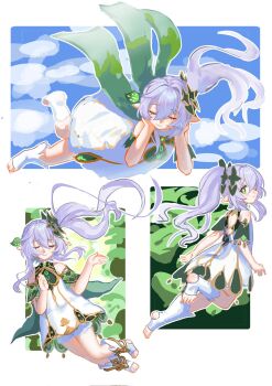 070203wjx 1girl anklet arms_at_sides bloomers blue_sky blush braid brooch cape closed_eyes closed_mouth cloud cloudy_sky detached_sleeves dress eyelashes facing_down facing_viewer flying full_body gem genshin_impact gold_trim green_cape green_gem green_sleeves hair_between_eyes hair_intakes hair_ornament half_crown_braid hands_on_own_face hands_up heart heart_hair_ornament highres jewelry leaf leaf_hair_ornament long_hair looking_at_viewer looking_back mudra multiple_views nahida_(genshin_impact) number_four_(asl) open_hands outdoors pointy_ears side_ponytail sidelocks sideways_mouth sky smile socks solo stirrup_footwear toeless_socks toes underwear variant_set white_bloomers white_dress white_hair white_socks