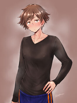 1boy artist_name black_shirt blush brown_eyes brown_hair closed_mouth commentary_request covered_erect_nipples cowboy_shot genderswap genderswap_(ftm) gojarun hand_on_own_hip highres honda_mio idolmaster idolmaster_cinderella_girls long_sleeves looking_at_viewer male_focus shirt short_hair signature solo standing steaming_body sweat very_sweaty