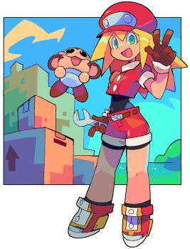 1girl :3 :d arm_at_side bacun belt black_socks blonde_hair blush_stickers box brown_belt brown_gloves buttons newsboy_cap cardboard_box cloud colored_lineart colorful cropped_shirt data_(mega_man) day dot_nose full_body fur-trimmed_gloves fur_trim gloves hand_up happy hat highres holding holding_wrench leotard leotard_under_clothes long_hair looking_at_viewer mega_man_(series) mega_man_legends mega_man_legends_(series) midair multicolored_footwear open_mouth outside_border red_footwear red_hat red_shirt roll_caskett_(mega_man) shirt side-by-side sky smile socks solo standing v w white_background wrench