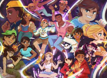 6+boys 6+girls absurdres animification aqua_eyes axel_(total_drama) backwards_hat beanie bird black_umbrella blonde_hair blue_book blue_eyes book bowie_(total_drama) brown_eyes brown_hair caleb_(total_drama) can candle chase_(total_drama) damien_(total_drama) dark-skinned_female dark-skinned_male dark_skin dreadlocks drink_can ear_piercing earrings emma_(total_drama) eyewear_on_head flashlight food gem green_eyes grin hat heart heart-shaped_eyewear highres hockey_sweater holding holding_book holding_can holding_flashlight holding_knife holding_umbrella holding_weapon jewelry julia_(total_drama) knife low_ponytail marshmallow meditation midriff millie_(total_drama) mk_(total_drama) multiple_boys multiple_earrings multiple_girls muscular muscular_male navel necklace nichelle_(total_drama) open_mouth owl pectoral_cleavage pectorals piercing ponytail priya_(total_drama) purple_background purple_gemstone purple_hair raj_(total_drama) ripper_(total_drama) scary_girl_(total_drama) smile soda_can sparkle spoilers total_drama umbrella wayne_(total_drama) weapon white_bird zee_(total_drama)