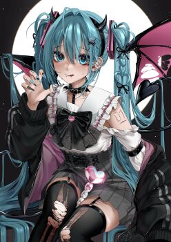 1girl absurdres aqua_eyes aqua_hair bat_wings black_choker black_skirt black_thighhighs choker dakemichan demon_girl detached_sleeves hair_intakes hatsune_miku highres jacket jacket_partially_removed jirai_kei nail_polish paw_pose piercing shirt sitting skirt thighhighs torn_clothes torn_thighhighs vocaloid white_shirt wings