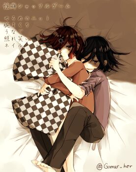 Rule 34 | 1boy, 1girl, bare legs, barefoot, black hair, black pants, blue gem, brown eyes, brown sweater, closed mouth, commentary request, danganronpa (series), danganronpa v3: killing harmony, dot nose, expressionless, gem, gem hair ornament, gomabu (rirurutennsi), hair between eyes, hair ornament, hair spread out, hairclip, happy, hetero, hugging object, light blush, light frown, long hair between eyes, lying, oma kokichi, on side, open mouth, pants, pillow, pillow hug, purple eyes, purple shirt, red hair, shade, shirt, short hair, sleeves rolled up, smile, spooning, sweater, toes, translation request, twitter username, unmoving pattern, yumeno himiko