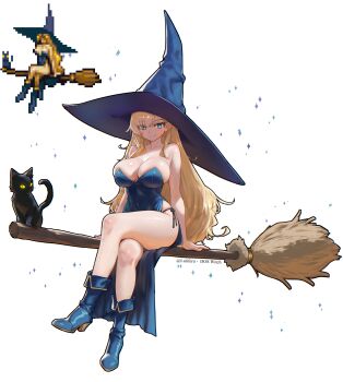 1girl arms_at_sides asymmetrical_bangs bare_arms bare_legs bare_shoulders black_cat black_panties blonde_hair blue_boots blue_dress blue_eyes blue_hat blush boots breasts broom broom_riding castlevania_(series) cat cleavage closed_mouth covered_navel crossed_legs dress full_body hat large_breasts large_hat long_dress long_hair looking_at_viewer luiiferu messy_hair oversized_hat panties pixelated side-tie_panties simple_background sitting smile solo strapless strapless_dress string_panties underwear very_long_hair white_background witch_(castlevania) witch_hat