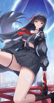 1girl absurdres arm_cutout black_choker black_jacket black_serafuku black_shirt black_shoes black_skirt breasts chisa_(wuthering_waves) choker clothing_cutout commentary crop_top hair_ribbon high_up highres holding holding_sword holding_weapon jacket loafers long_sleeves looking_at_viewer neckerchief parted_lips red_eyes red_neckerchief red_ribbon ribbon sailor_collar school_uniform serafuku shirt shoes skirt solo sword thigh_strap thighs toroe02 underboob weapon white_sailor_collar wuthering_waves