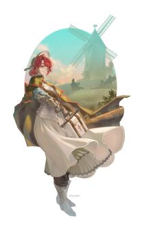 Rule 34 | 2girls, acsuck, black pants, blue eyes, blue shirt, blue sky, boots, cape, cloud, cloudy sky, club (weapon), commentary, full body, gauntlets, green cape, grin, hat, highres, hill, holding, holding suitcase, long skirt, marsha (reverse:1999), multiple girls, oval, pants, pants under skirt, red hair, reverse:1999, rod of asclepius, sentinel (reverse:1999), shirt, short hair, shoulder belt, skirt, sky, smile, solo focus, suitcase, tree, twintails, weapon, white background, white boots, white hat, white skirt, windmill