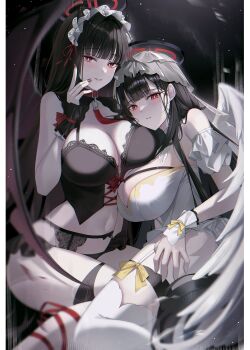 1girl absurdres angel_wings black_garter_belt black_hair black_halo black_horns black_panties black_wings black_wrist_cuffs blue_archive bow breasts bright_pupils cleavage clothing_request collar commentary demon_horns dual_persona feathered_wings fingernails garter_belt garter_straps halo hand_on_own_thigh highres horns lace_trim large_breasts leash long_hair looking_at_viewer multicolored_halo nail_polish panties parted_lips pippin_(pippin_sol) red_bow red_collar red_eyes red_halo red_nails red_ribbon ribbon rio_(blue_archive) sitting thighhighs two-tone_halo underwear untranslatable_commentary veil very_long_hair white_garter_straps white_thighhighs white_veil white_wings white_wrist_cuffs wings wrist_cuffs