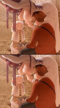 1boy 2girls :3 =_= absurdres bent_over breastfeeding breasts bucket capelet dress drinking earrings elf fern_(sousou_no_frieren) frieren hand_milking hanging_breasts highres huge_breasts jewelry lactation multiple_girls pointy_ears projectile_lactation purple_hair red_hair sousou_no_frieren stark_(sousou_no_frieren) teardrop_earrings wass_nonnam white_capelet