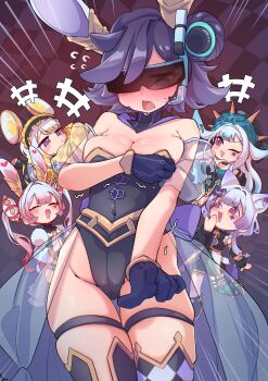 5girls absurdres alternate_costume animal_ear_fluff animal_ears backup@ignister backup_secretary bell black_leotard blonde_hair blush breasts c_civciv cat_ears cat_girl checkered_clothes checkered_legwear checkered_pillow cleavage club_(shape) club_facial_mark club_tattoo detached_sleeves diamond_facial_mark donut_hair_bun double_bun dress duel_monster facial_mark frilled_hairband frills gloves hair_bun hairband hat head-mounted_display highres large_breasts leotard long_hair long_sleeves maliss_&lt;p&gt;_chessy_cat maliss_&lt;p&gt;_dormouse maliss_&lt;p&gt;_march_hare maliss_&lt;p&gt;_white_rabbit mouse_ears mouse_girl multiple_girls open_mouth pink_eyes pink_hair purple_eyes purple_hair rabbit_ears rabbit_girl see-through_clothes see-through_skirt short_hair single_hair_bun skirt smile spade_(shape) spiked_wristband troll_face twintails very_long_hair white_hair yellow_pillow yu-gi-oh!