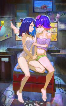 2girls barefoot blue_eyes blue_hair commentary_request dot_(pokemon) gen_1_pokemon gen_2_pokemon green_panties jigglypuff kangaskhan leg_on_another&#039;s_shoulder legendary_pokemon lifting_another&#039;s_clothes liko_(pokemon) looking_at_another mewtwo multicolored_hair multiple_girls nintendo open_mouth panties panty_lift pikachu pink_hair pokemon pokemon_(anime) pokemon_(creature) pokemon_horizons purple_hair sitting smeargle strap_slip streaked_hair two-tone_hair underwear white_panties yugen99 yuri
