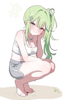1girl absurdres barefoot blush breasts btpica butterfly_necklace camisole character_name cleavage closed_mouth commentary_request crop_top dolphin_shorts double-parted_bangs green_hair grey_eyes grey_shorts hair_intakes hair_ornament hairclip hand_on_own_face hand_up highres korean_commentary large_breasts long_hair looking_at_viewer midriff multicolored_hair pom_pom_(clothes) pom_pom_hair_ornament print_camisole short_shorts shorts side_ponytail simple_background smile solo spaghetti_strap squatting stellive streaked_hair sweat tiptoes virtual_youtuber white_background white_camisole yuzuha_riko
