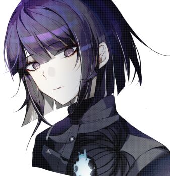 1boy black_jacket buttons chinese_commentary closed_mouth colored_inner_hair commentary_request cropped_shoulders expressionless fire hair_between_eyes high_collar highres hole_in_chest hole_on_body jacket last_defense_academy_school_uniform male_focus multicolored_hair purple_eyes purple_hair rafag school_uniform short_hair simple_background solo the_hundred_line_-last_defense_academy- tsukumo_ima two-tone_hair white_background white_fire white_hair