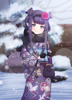 1girl black_gloves black_scarf bloop_(gawr_gura) blue_eyes blunt_bangs blush braid braided_bun bubba_(watson_amelia) bun_with_braided_base bush closed_mouth death-sensei_(mori_calliope) double_bun enpera flower gloves hair_bun hair_flower hair_ornament headpiece highres hololive hololive_english japanese_clothes kenjun kikkoumon kimono kinchaku kotori_(takanashi_kiara) looking_at_viewer mole mole_under_eye ninomae_ina&#039;nis ninomae_ina&#039;nis_(new_year) obi obiage obijime outdoors pink_flower pointy_ears pouch purple_hair purple_kimono rock sash scarf shippou_(pattern) sidelocks smile snow snowing solo striped_clothes striped_scarf takodachi_(ninomae_ina&#039;nis) virtual_youtuber wide_sleeves winter