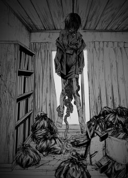 1girl blood bookshelf ceiling chair corpse curtains death eyeball floor greyscale guro hanged highres id_card indoors intestines jacket jinba_(jinbarta2) lanyard monochrome organs original single_sock socks solo suicide swivel_chair trash_bag wooden_floor