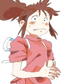 1girl blush_stickers brown_hair expressive_hair gan2 highres long_hair ogino_chihiro ponytail sen_to_chihiro_no_kamikakushi short_sleeves simple_background solo surprised sweat white_background