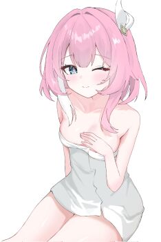 1girl ;) aramonn_chan019 blue_eyes breasts cleavage commentary cyrene_(aedes_elysiae)_(honkai:_star_rail) cyrene_(honkai:_star_rail) hair_ornament highres honkai:_star_rail honkai_(series) looking_at_viewer multicolored_hair naked_towel one_eye_closed pink_hair simple_background sitting small_breasts smile solo thighs towel two-tone_hair white_background white_hair