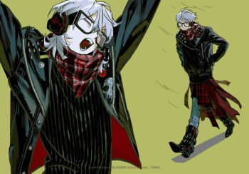 1boy ahoge alternate_costume alternate_hairstyle arms_up badge belt bespectacled black-framed_eyewear black_belt black_boots black_jacket black_sweater boots button_badge closed_eyes closed_mouth clothes_around_waist copyright_notice dated denim empty_eyes fangs fashion floating_clothes floating_hair furrowed_brow glasses green_background hair_between_eyes hands_in_pockets highres jacket jacket_around_waist jeans kuzuha_(nijisanji) looking_ahead male_focus medium_hair multiple_views nijisanji open_clothes open_jacket pants plaid_clothes plaid_jacket plaid_scarf punk red_eyes red_jacket red_scarf scarf sishuiloe_1994 skull_print slit_pupils spiked_jacket squinting sweater twitter_username v-shaped_eyebrows virtual_youtuber walking wavy_mouth white_hair wind wolf_cut yawning