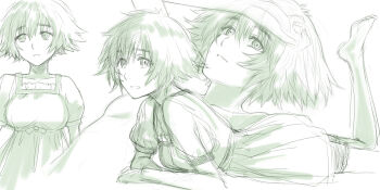 Rule 34 | 1girl, breasts, collar, commentary request, dress, feet up, frilled collar, frills, hair between eyes, highres, lying, medium breasts, menomorute, monochrome, multiple views, on stomach, open mouth, science adventure, shiina mayuri, short hair, simple background, sketch, smile, steins;gate