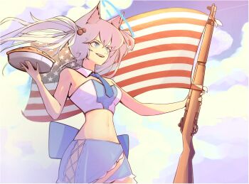 1girl 4th_of_july american_flag animal_ears apple_pie blue_eyes crop_top food fox_ears fox_girl gun highres indie_virtual_youtuber kirsche_verstahl m1_garand midriff necktie pie rifle skirt tuna_fan68 virtual_youtuber weapon white_hair