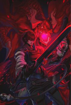 1boy angel_(drag-on_dragoon) artist_name belt black_pants brown_hair caim_(drag-on_dragoon) commentary_request drag-on_dragoon drag-on_dragoon_1 dragon highres holding holding_sword holding_weapon horns looking_at_viewer male_focus open_mouth pants sa_bakan6 sharp_teeth short_hair sword teeth watermark weapon